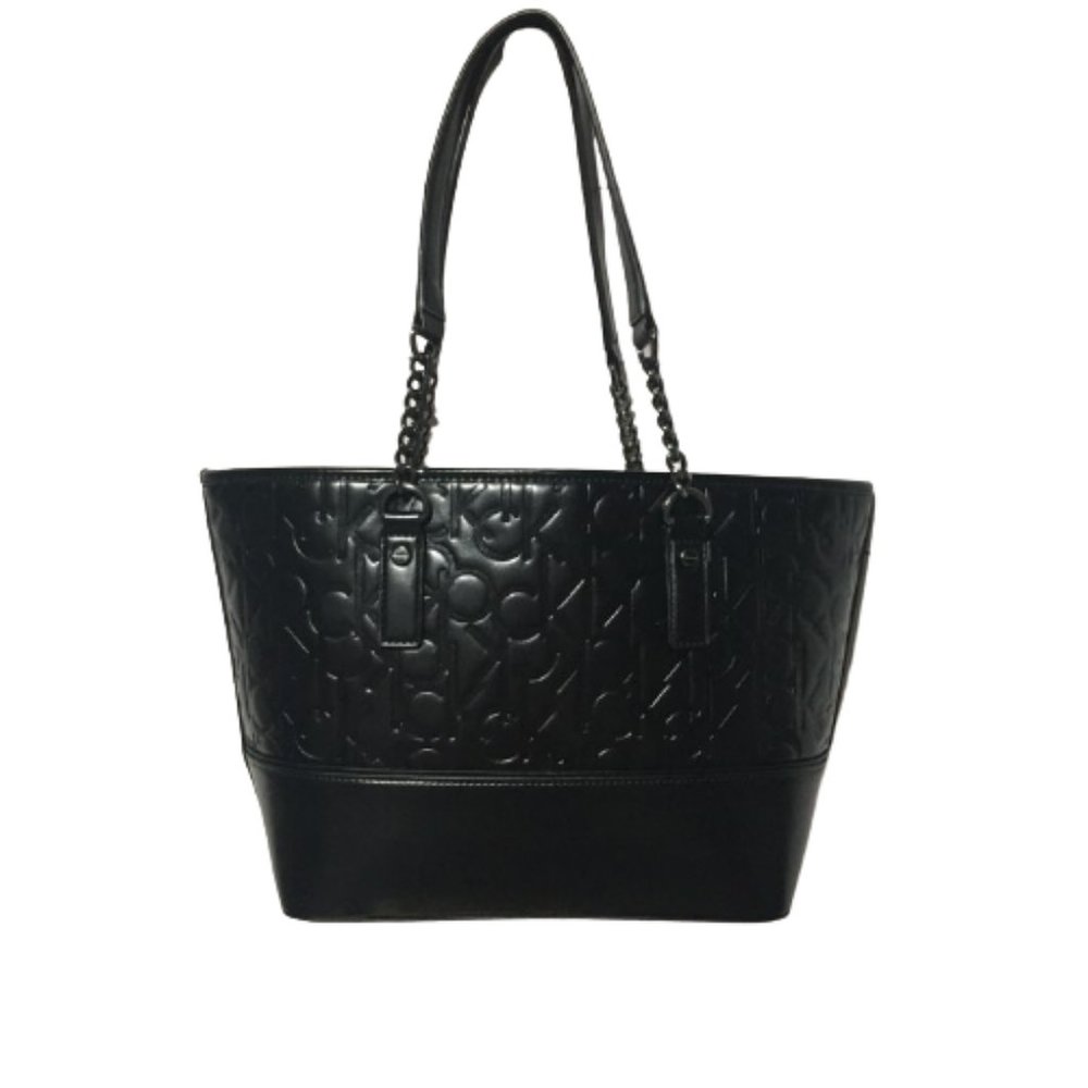 Calvin Klein Black Tote with Cardcase Purse Faux Leather Silver Accents - Picture 2 of 10